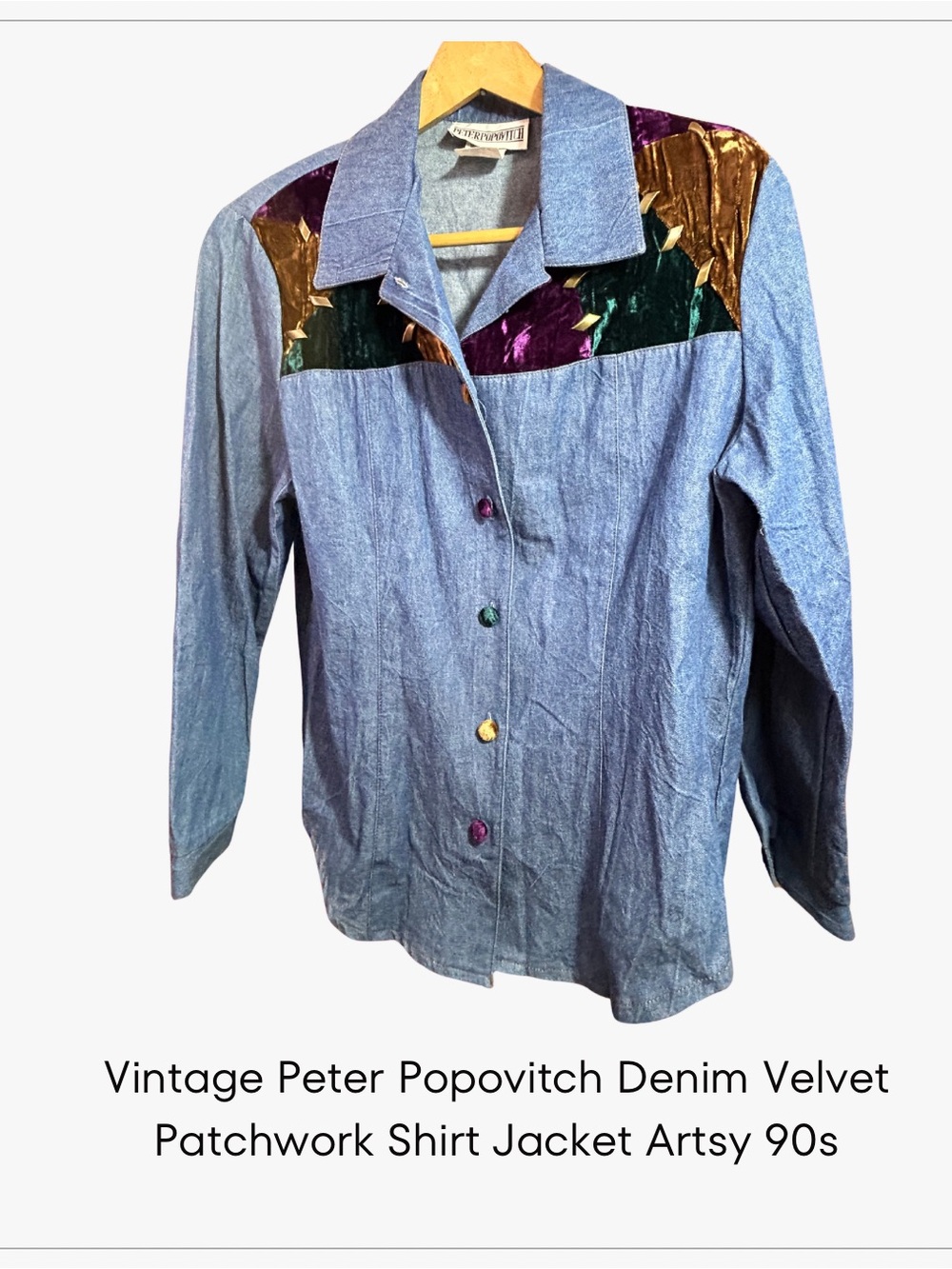Vintage Denim Velvet Patchwork Shirt Jacket - Blue